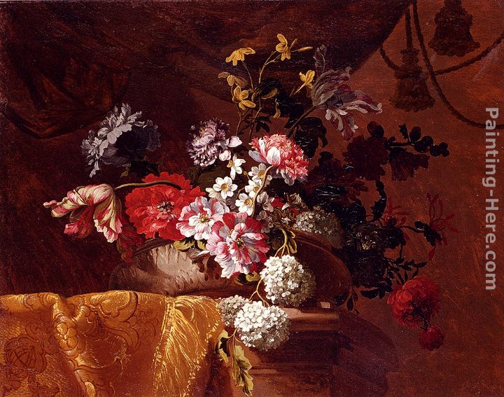 Jean-Baptiste Monnoyer Still Life Of Hydrangeas, Convolvuli, Peonies And Other Flowers In An Urn On A Draped Stone Ledge